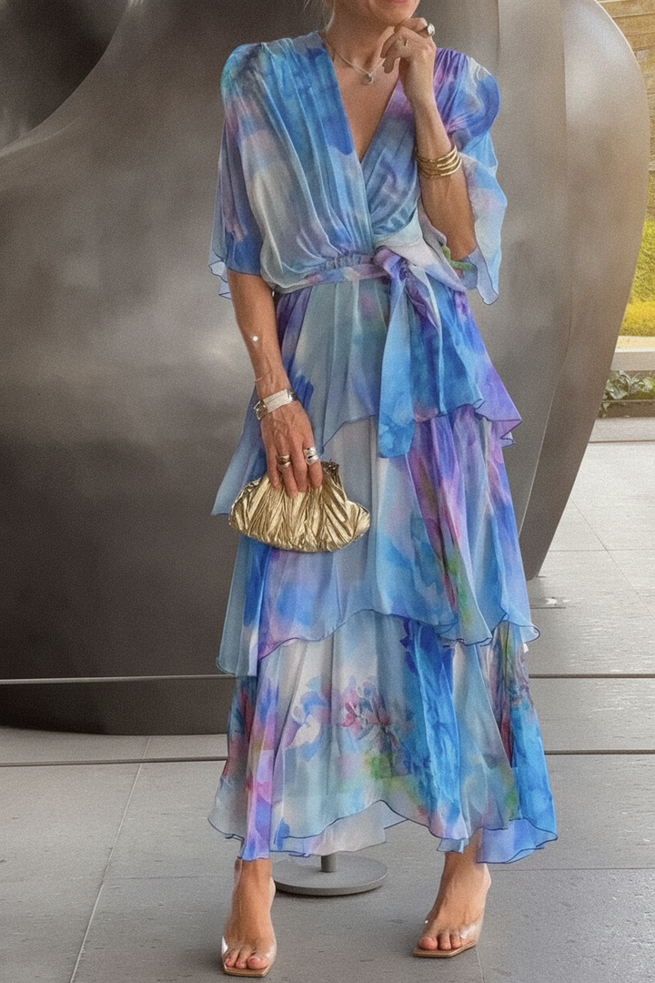 Elegant women's layered bohemian maxi dress, perfect for summer parties & wedding guests.