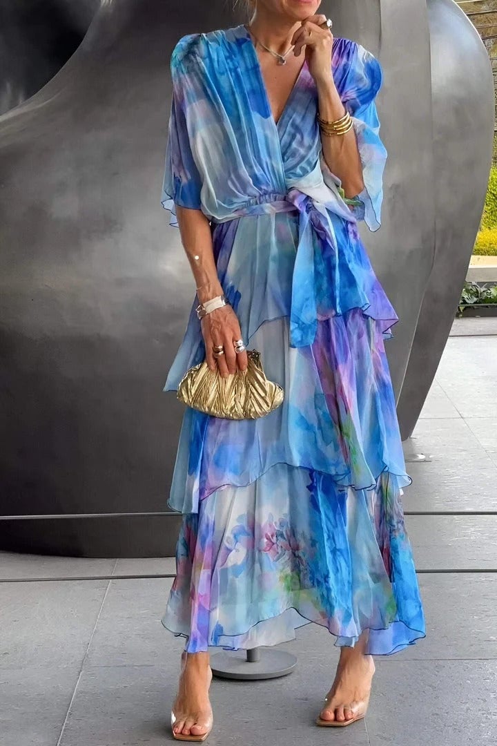 Flowy draped bohemian maxi dress for women, ideal for garden parties & elegant occasions.