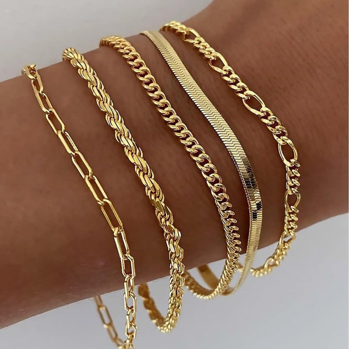 Elegant women's layered bracelet set with gold & white gold finishes, a chic fashion accessory.