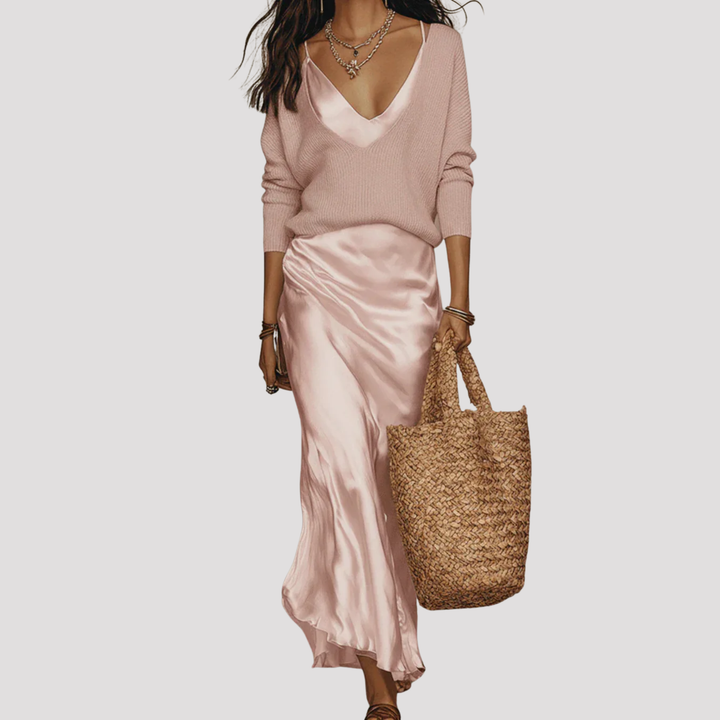 Fashionable women's elegant layered maxi dress. Comfortable long sleeve V-neck, perfect for versatile day wear.