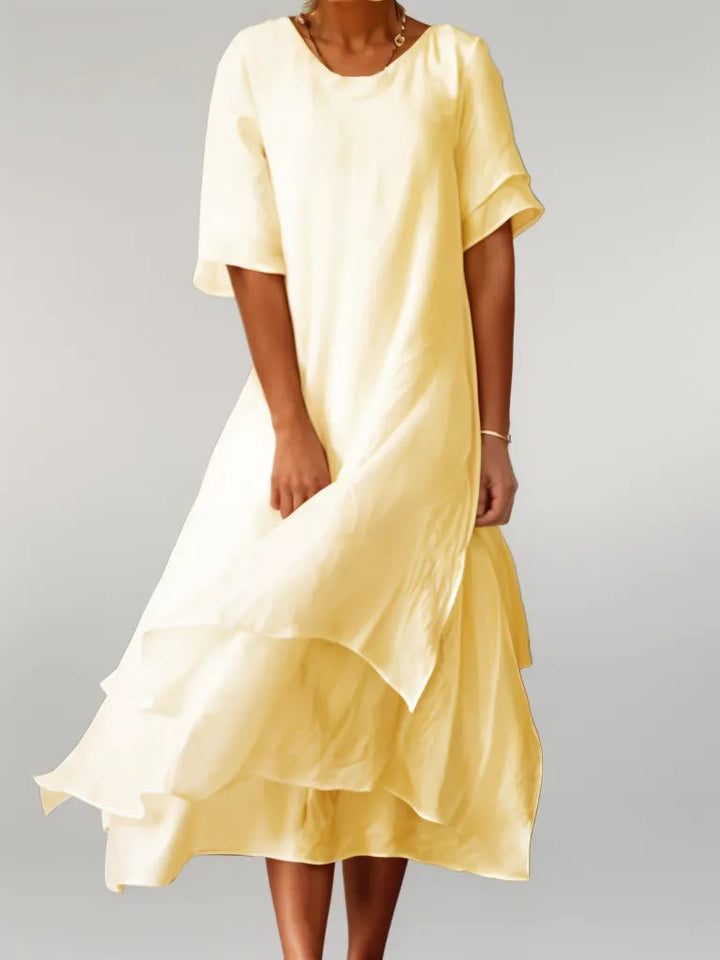 Stylish women's layered midi dress, ideal for summer casual wear, parties, or elegant events.