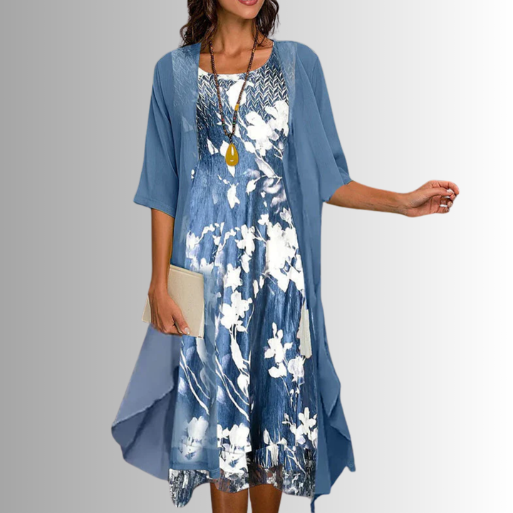 Elegant women's layered open front midi dress, flowing style. Perfect for spring & summer occasion wear.