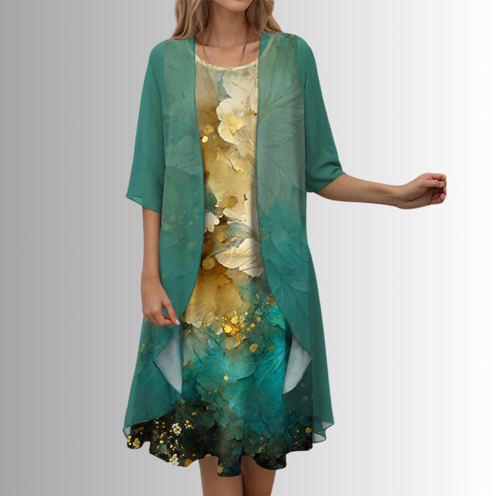 Flowy women's layered open front midi dress in motion. Elegant and breezy for summer events.