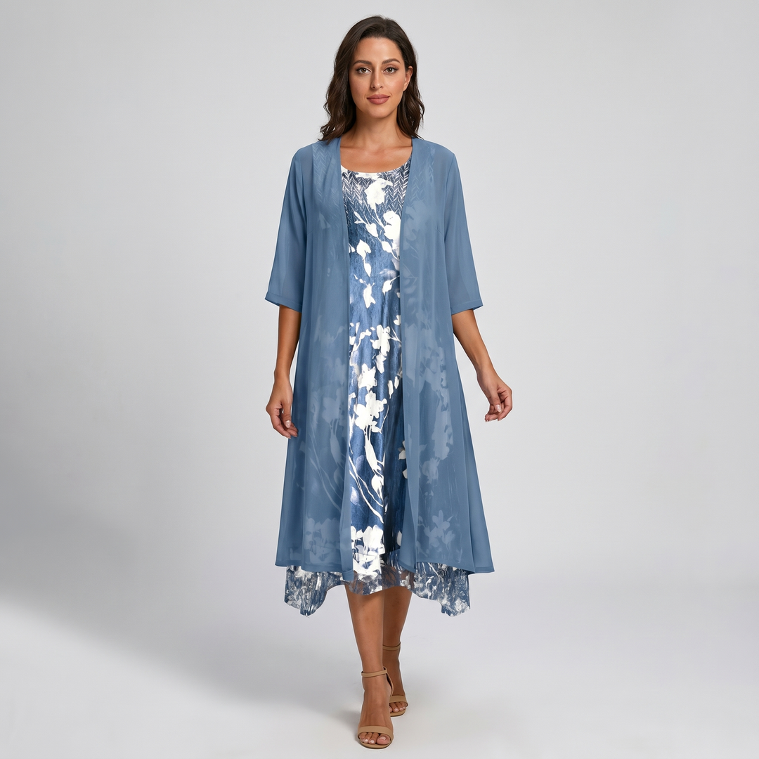 Flowy layered midi dress for women, open front design. Ideal for elegant spring fashion and parties.