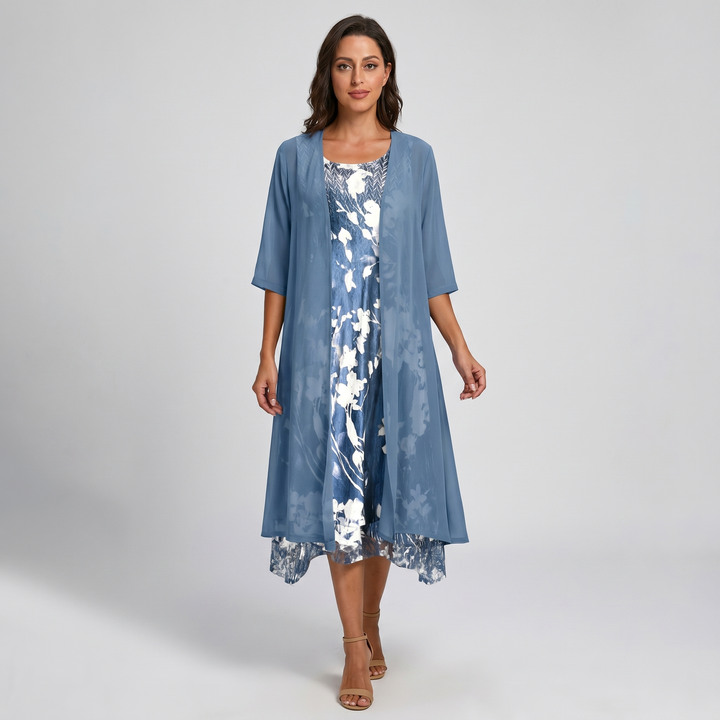 Flowy layered midi dress for women, open front design. Ideal for elegant spring fashion and parties.