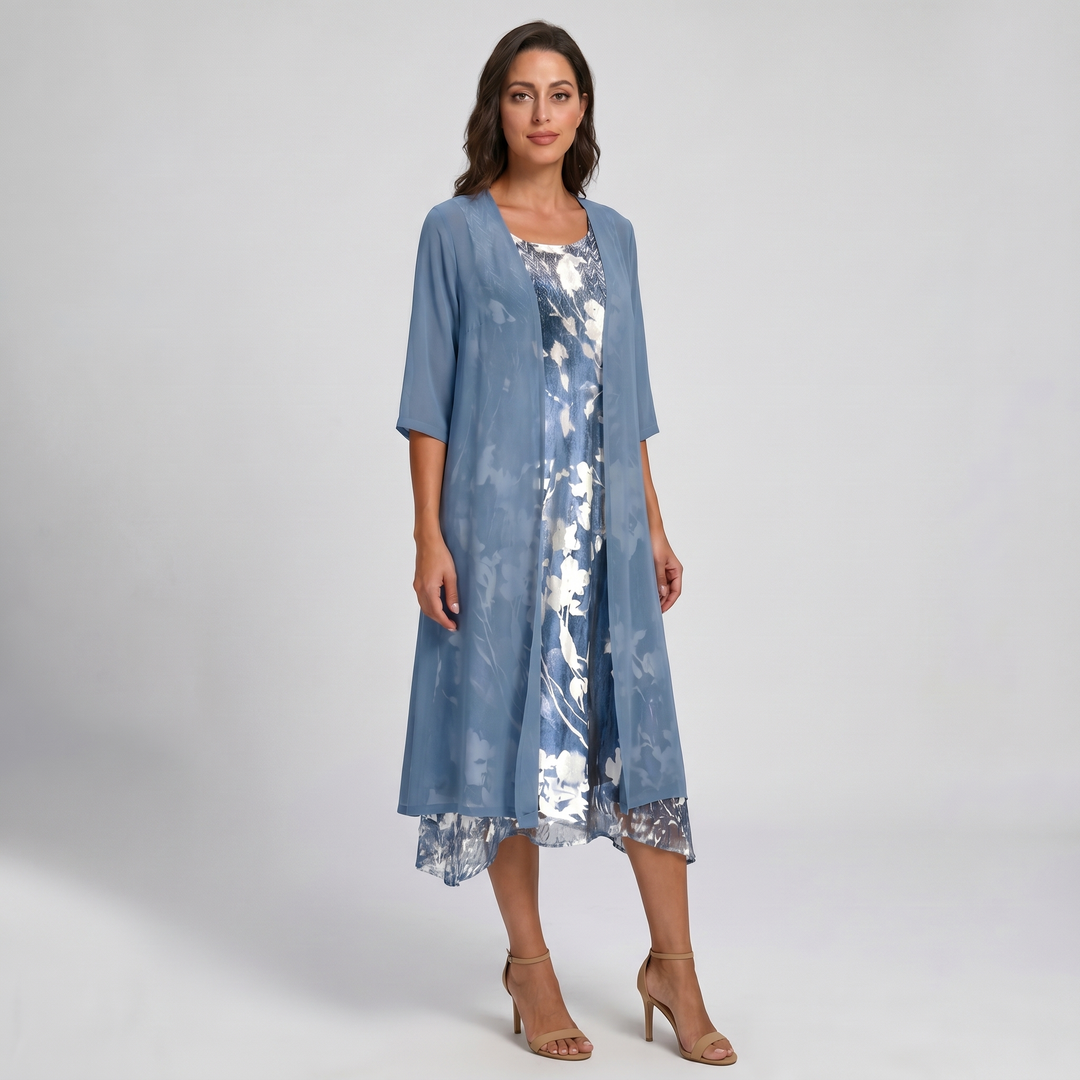 Women's floral print layered midi dress, elegant open front style for summer occasions.