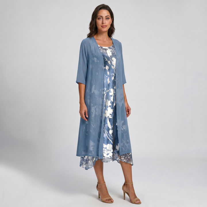 Women's floral print layered midi dress, elegant open front style for summer occasions.