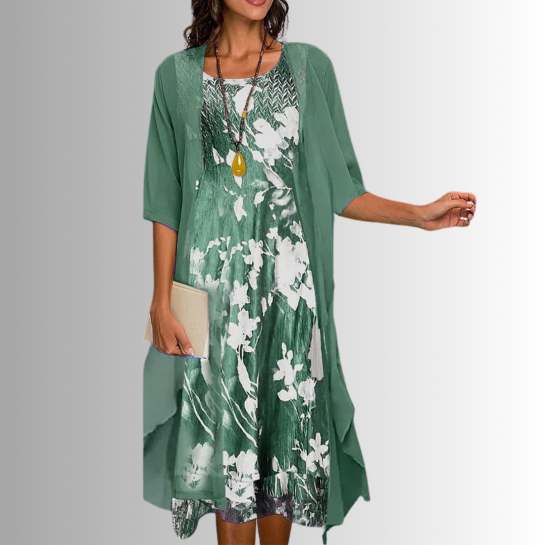 Stylish women's layered open front midi dress, elegant and flowy. Perfect for ladies fashion.