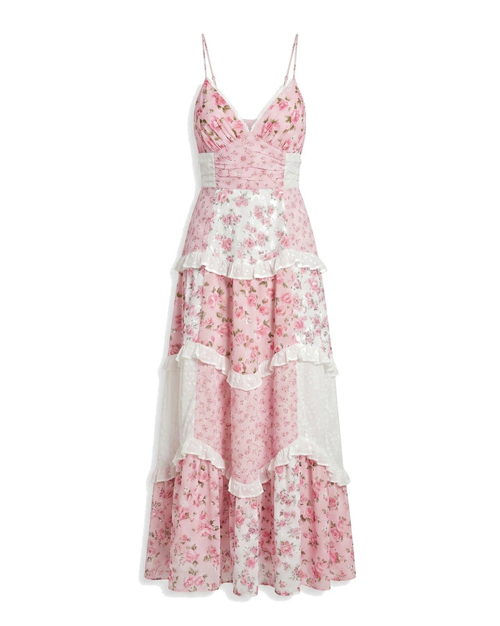 Feminine pink layered ruffle maxi dress with an elegant open back, perfect as a formal evening or summer occasion dress.