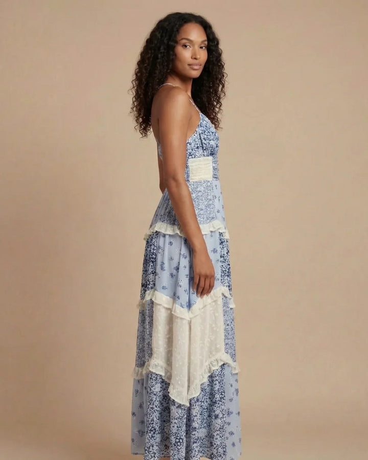 Chic blue women's layered ruffle maxi evening dress, featuring a sophisticated open back for formal events & parties.
