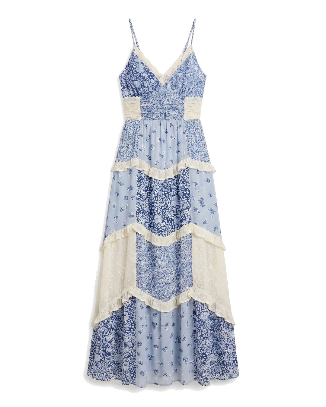Luxurious flowing women's layered ruffle maxi dress with a captivating open back. Ideal elegant evening & summer wear.