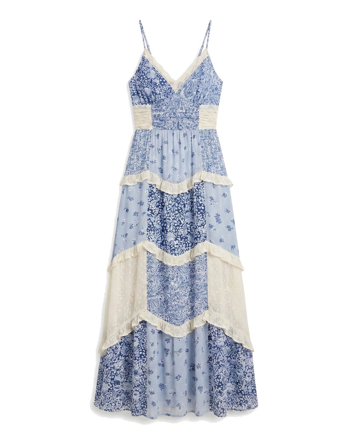Luxurious flowing women's layered ruffle maxi dress with a captivating open back. Ideal elegant evening & summer wear.