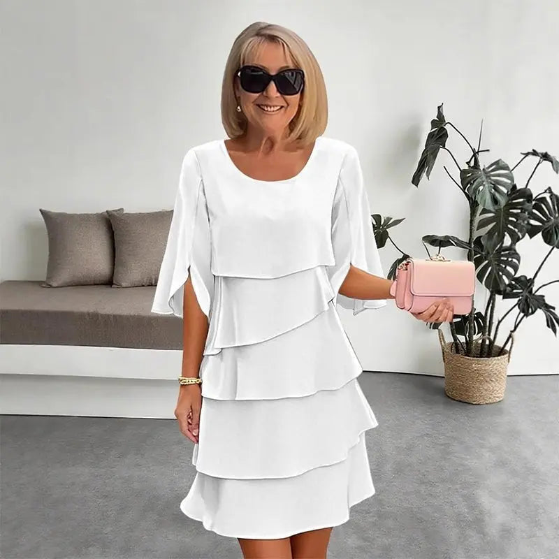 Chic women's layered ruffle dress, a versatile midi with 3/4 sleeves for spring & summer fashion.