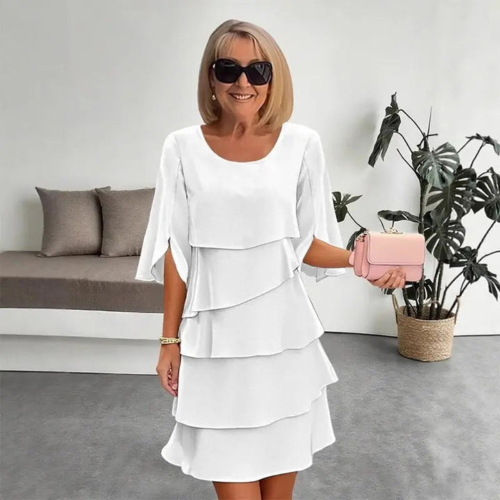 Chic women's layered ruffle dress, a versatile midi with 3/4 sleeves for spring & summer fashion.