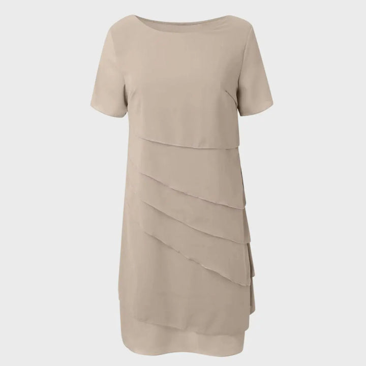 Elegant women's layered tiered midi cocktail dress with short sleeves, perfect for parties & special occasions.