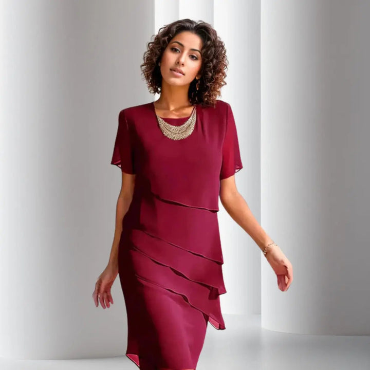 Flowy women's tiered midi dress with short sleeves, a chic cocktail & party dress for evening wear.