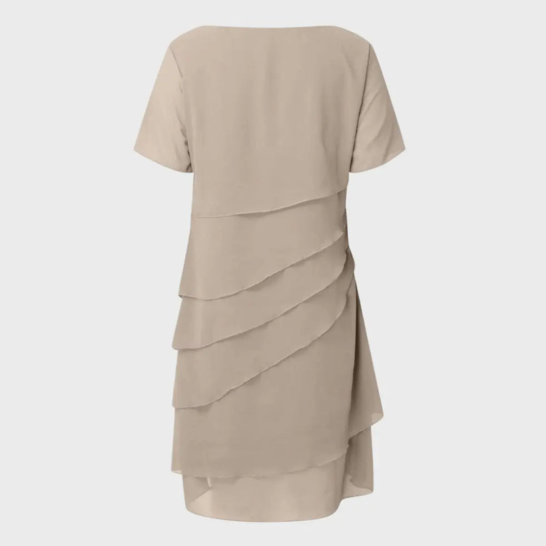 Comfortable women's short sleeve midi cocktail dress featuring elegant tiered layers for parties.
