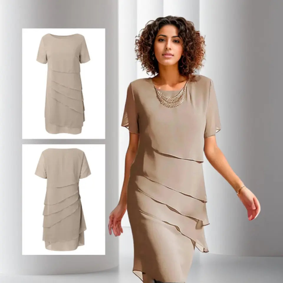 Flattering women's short sleeve tiered midi dress, an elegant choice for evening and special occasions.