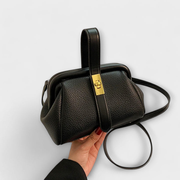 Sleek brown leather mini handbag for women, highlighting its elegant design and turn lock closure.