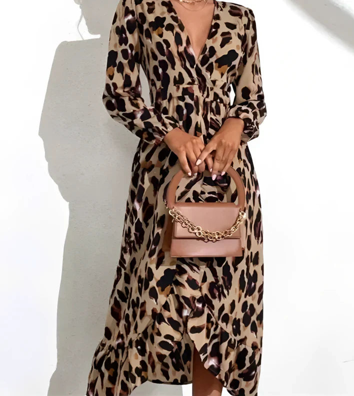 Elegant women's leopard print midi dress with V-neck, A-line, and long sleeves. Stylish animal print fashion.