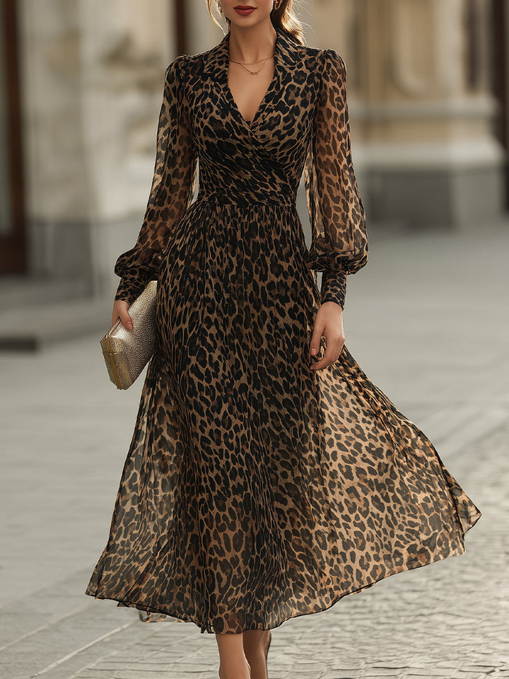 Elegant women's leopard print sheer maxi dress with long sleeves & V-neck, perfect for evening wear.