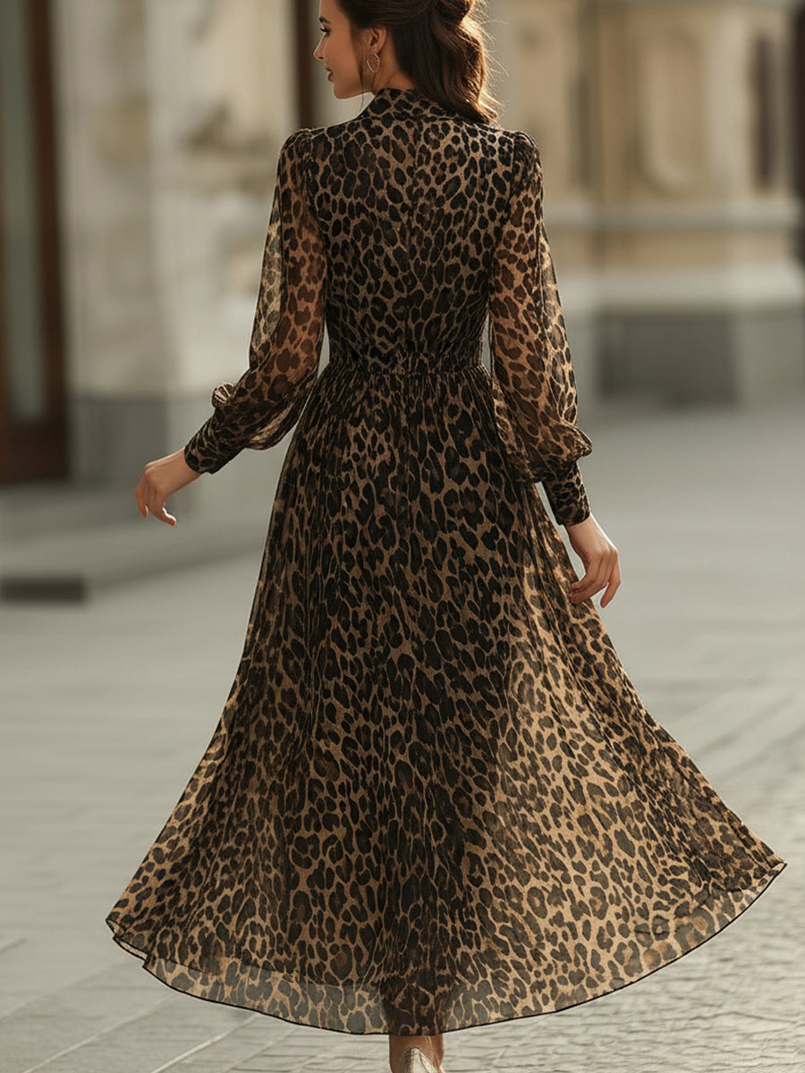 Flowing sheer leopard print maxi dress for women, features long sleeves & flattering V-neck, elegant fashion.