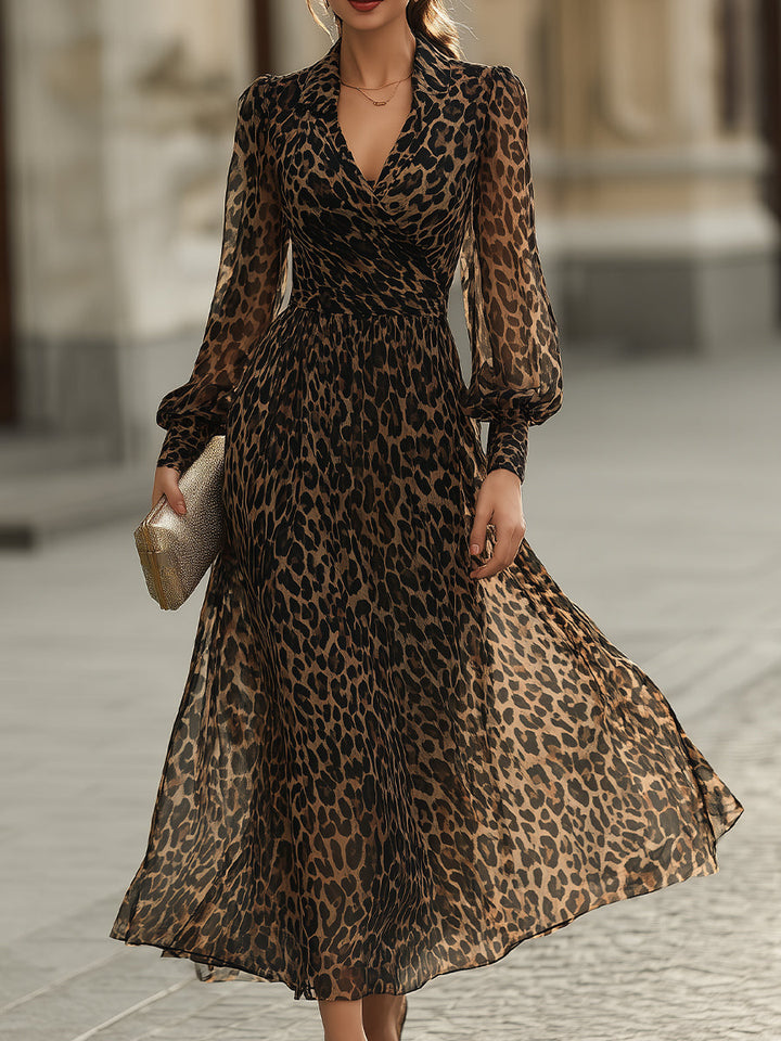 Vibrant leopard print sheer maxi dress for women, long sleeve & V-neck, a stylish choice for spring/fall fashion.