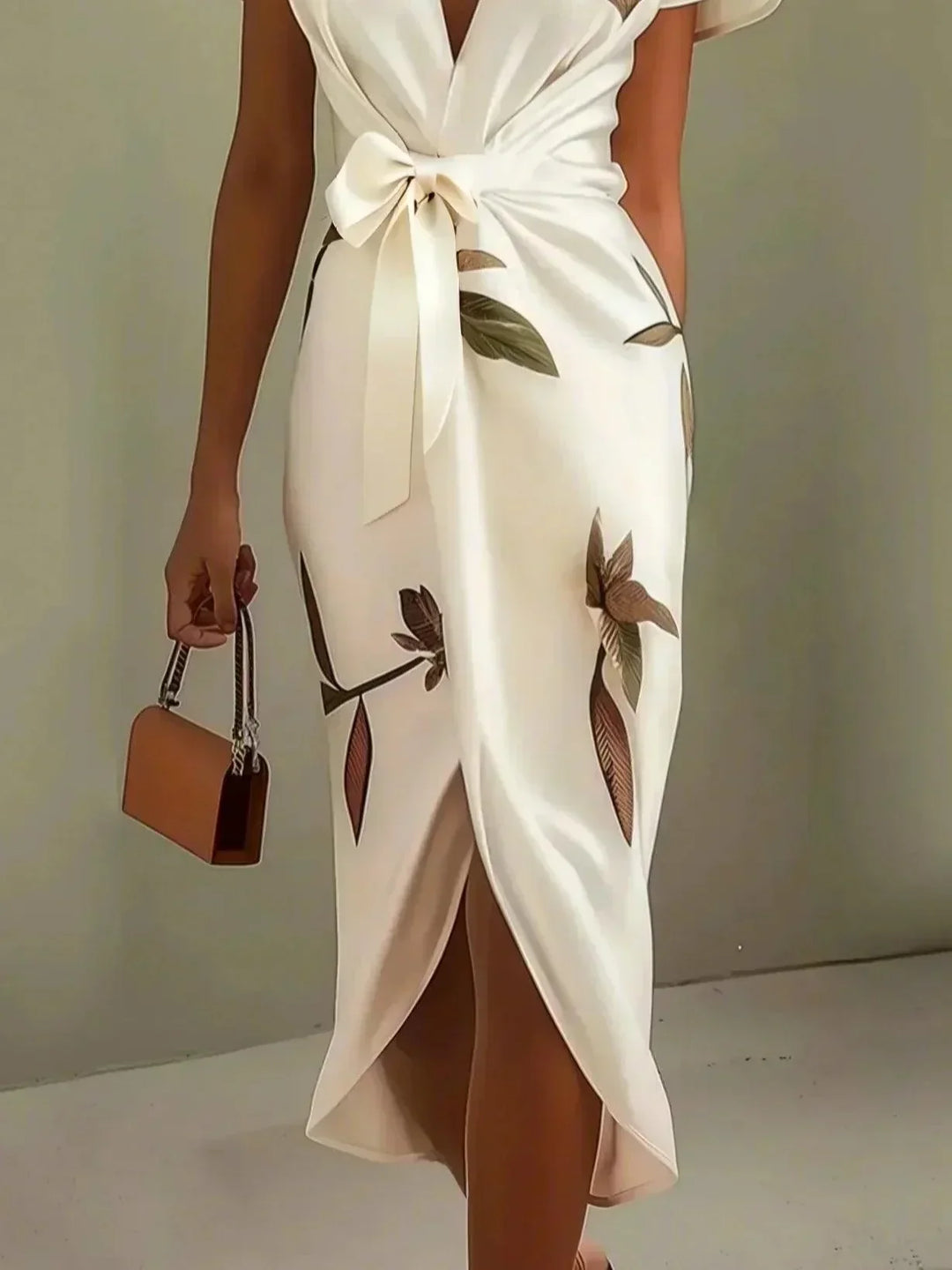 Chic women's summer wrap midi dress, perfect for sophisticated daytime fashion, vacations, or casual wear.