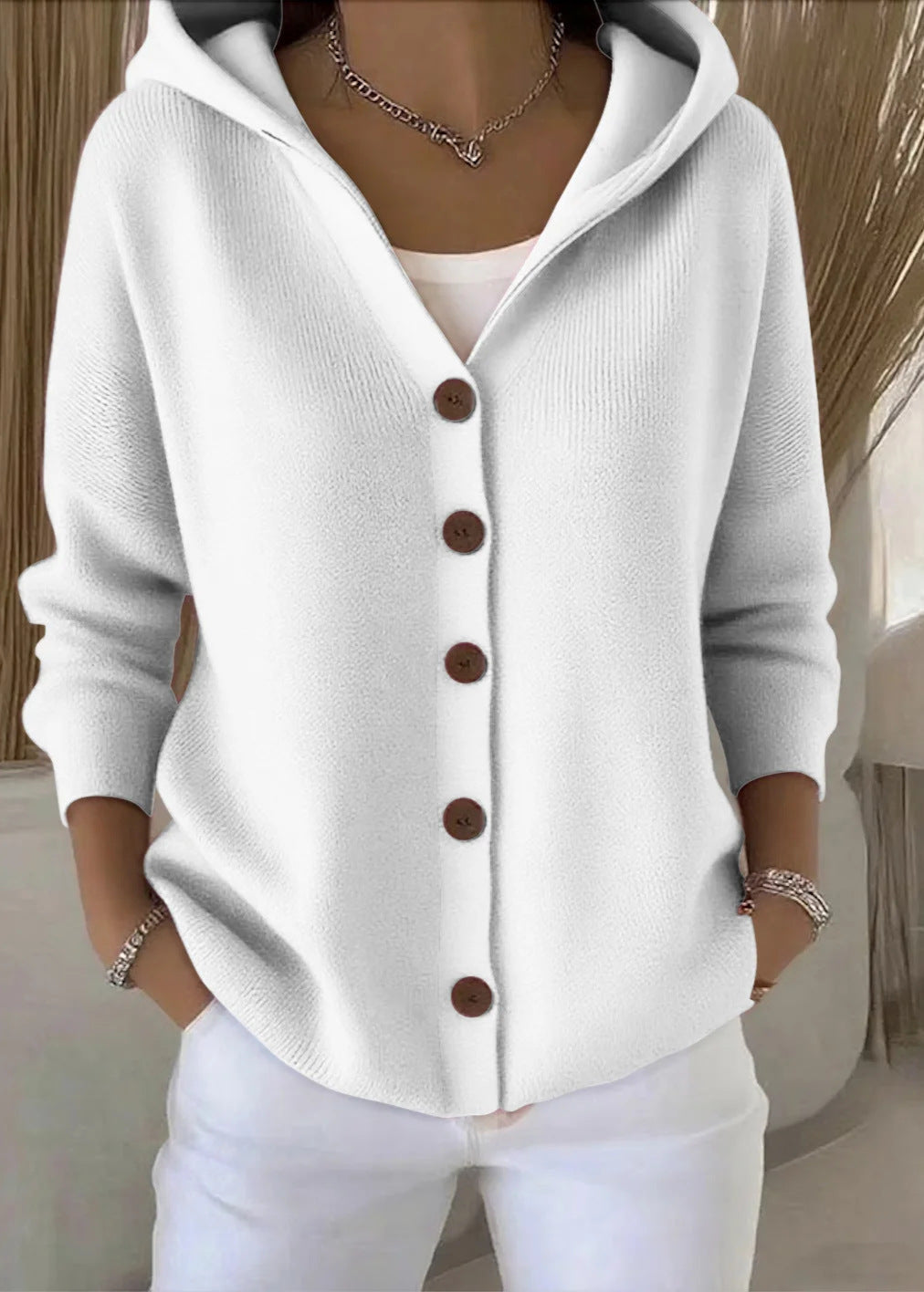 Chic lightweight hooded cardigan for women, offering elegant style & comfortable layering for everyday wear.
