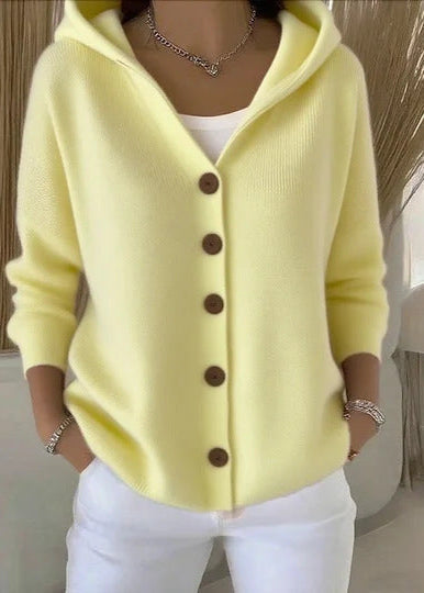 Women's elegant hooded cardigan, offering a comfortable relaxed fit for stylish all-season layering.