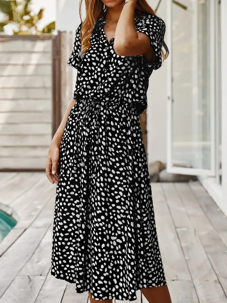 Sophisticated women's summer midi dress, lightweight, flowy, and comfortable for any elegant casual occasion.