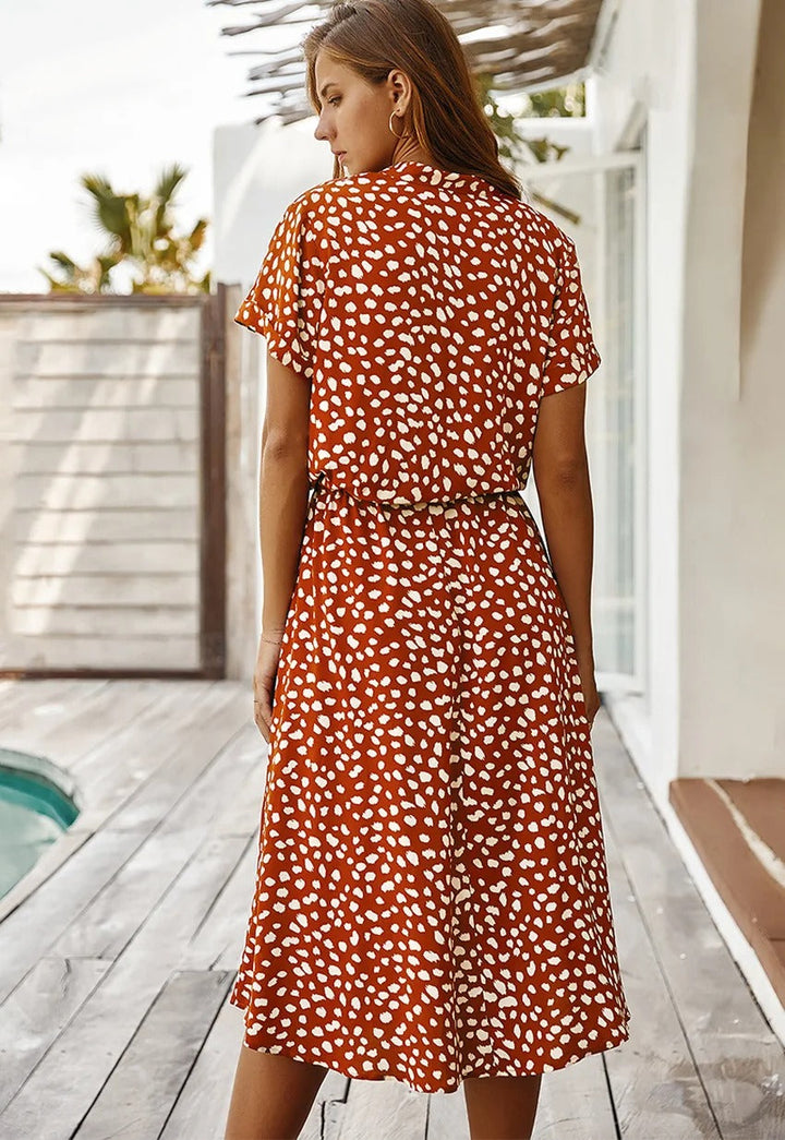 Flattering lightweight women's midi dress, elegant for summer days, vacation, or casual spring outings.