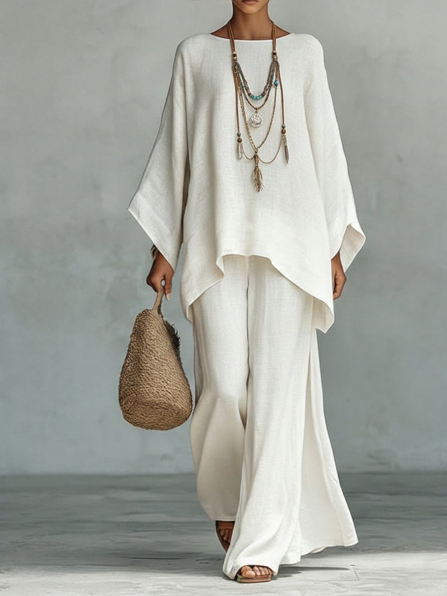 Elegant women's linen set with wide sleeves & wide leg trousers. Breathable, perfect for summer chic.