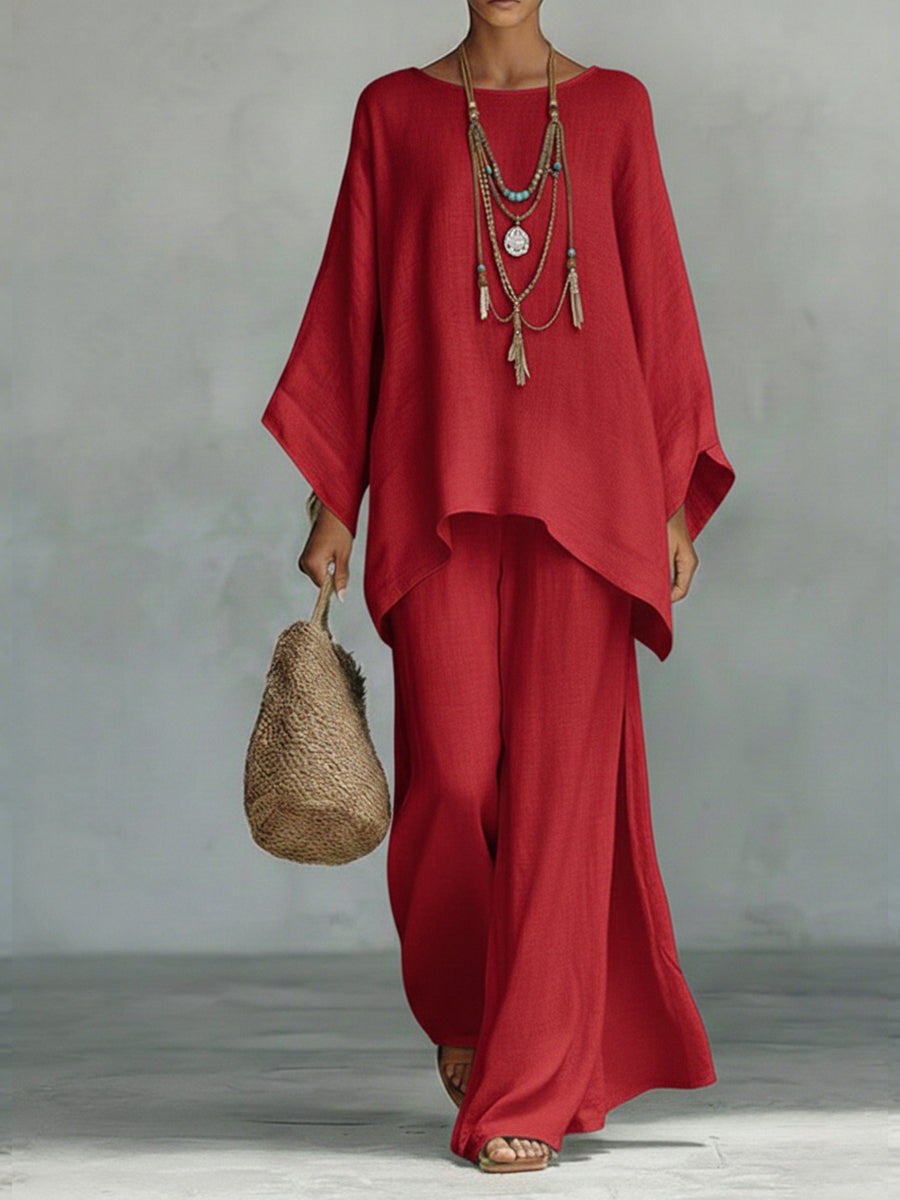 Chic women's wide sleeve & wide leg linen set. Elegant, breathable, and comfortable for summer or casual lounge.