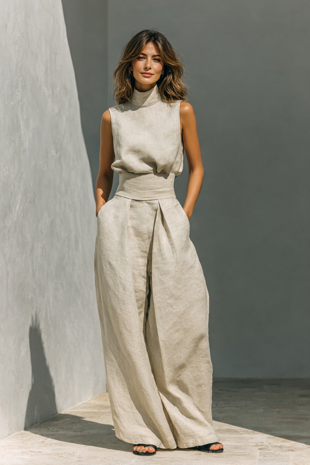Elegant women's linen two-piece set with a high neck sleeveless top & wide-leg relaxed fit pants. Perfect for summer.