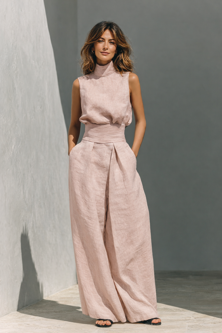 Lightweight women's linen two-piece outfit. High neck sleeveless top and wide-leg trousers for a chic, breathable summer set.