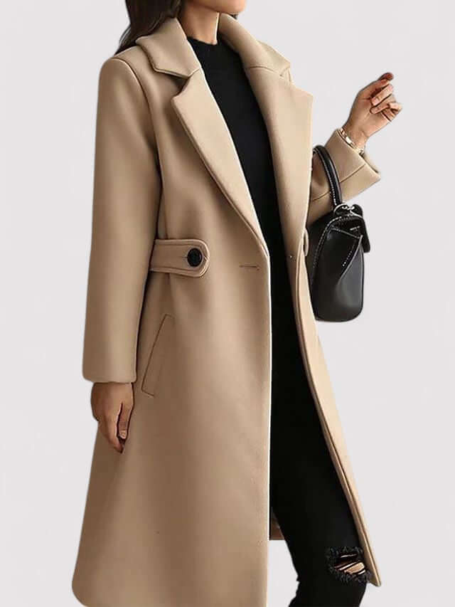 Warm camel women's belted long winter coat. Elegant fall fashion jacket for cold weather.