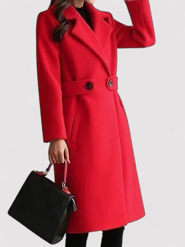 Chic women's elegant belted long winter coat. Fashionable warm jacket for cold weather style.