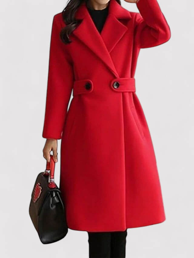 Women's elegant long belted winter coat in camel. Warm and stylish outerwear for fall fashion.