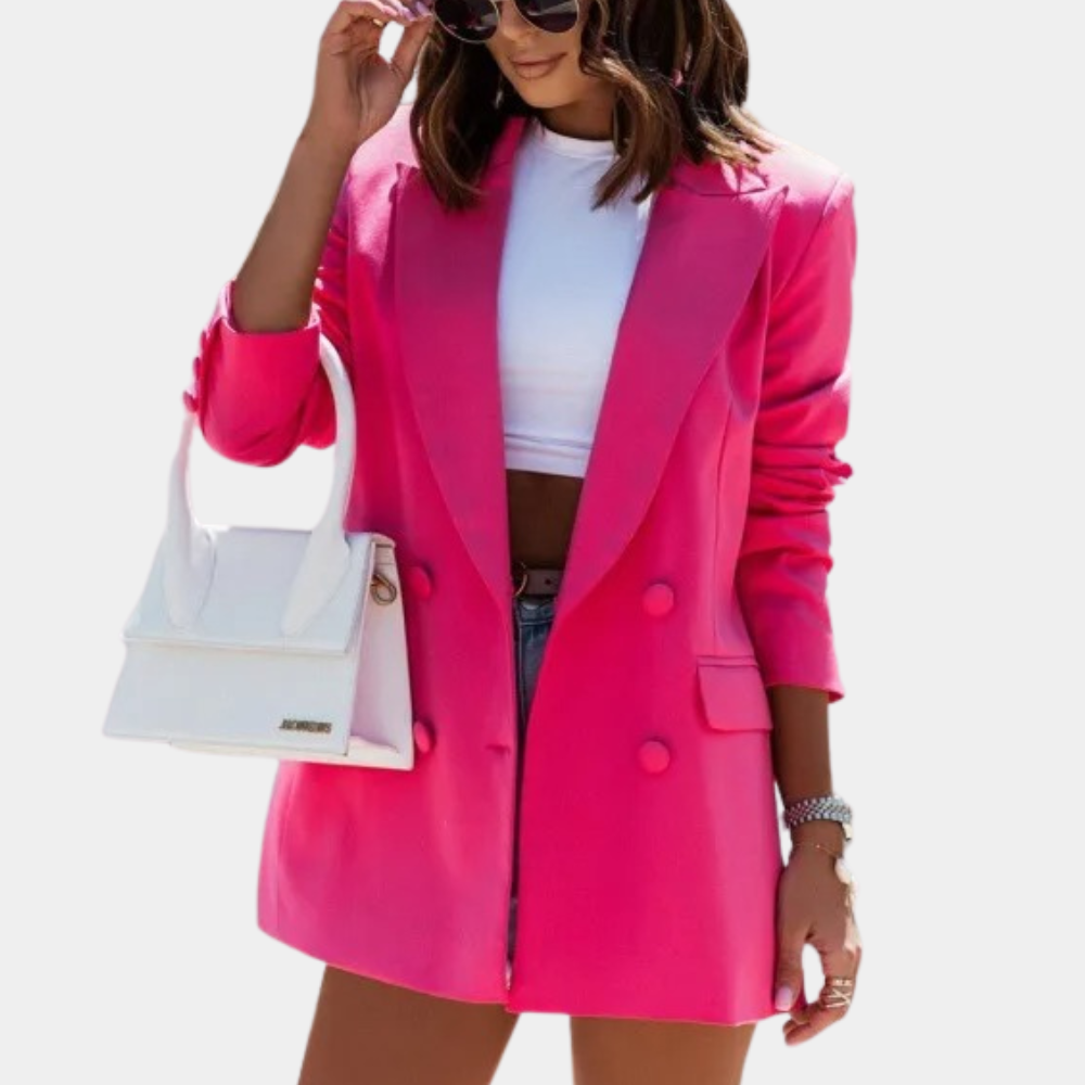 Structured women's long blazer, ideal for professional meetings or elevating casual spring/fall fashion. Versatile.