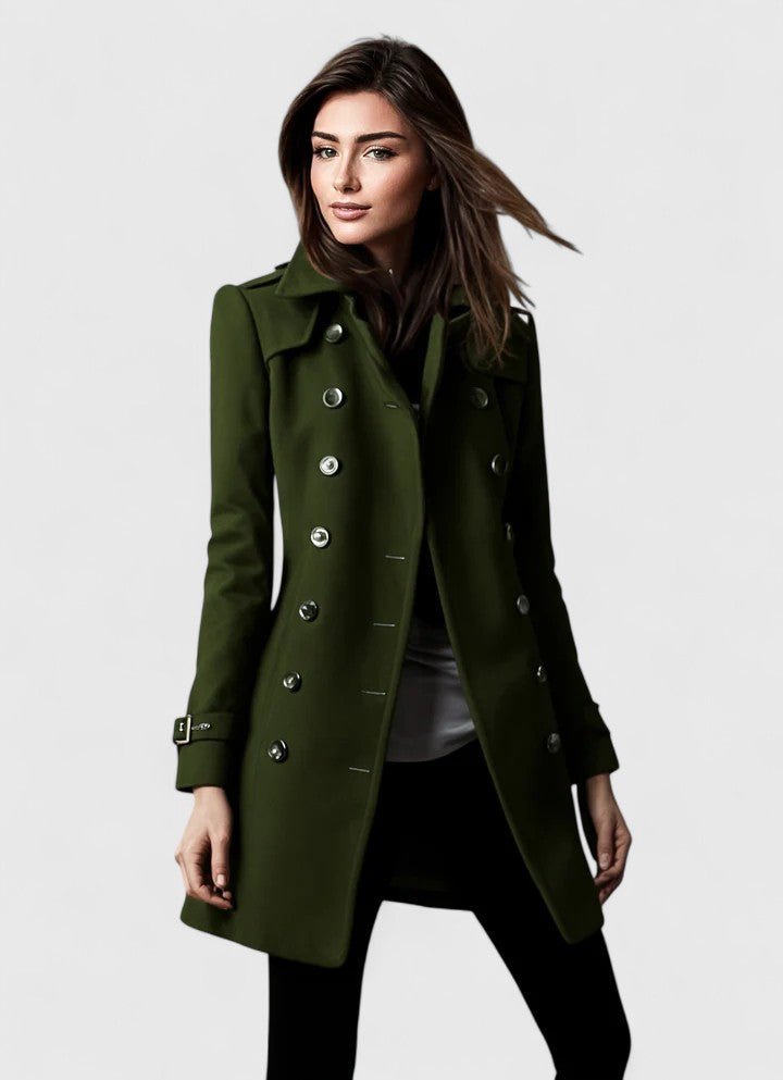Sophisticated women's long coat in a classic cut, essential outerwear for elegant fall and winter fashion.
