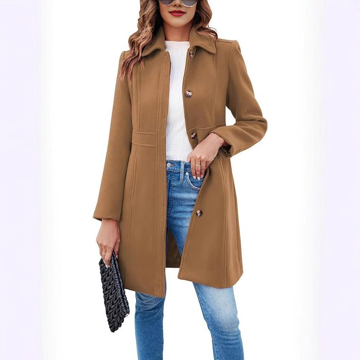 Stylish long coat for women, offering warmth and a timeless look for fall & winter outerwear.