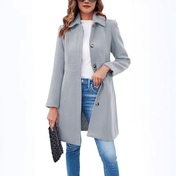 Classic women's long coat, an elegant and warm outerwear choice for chic fall and winter fashion.