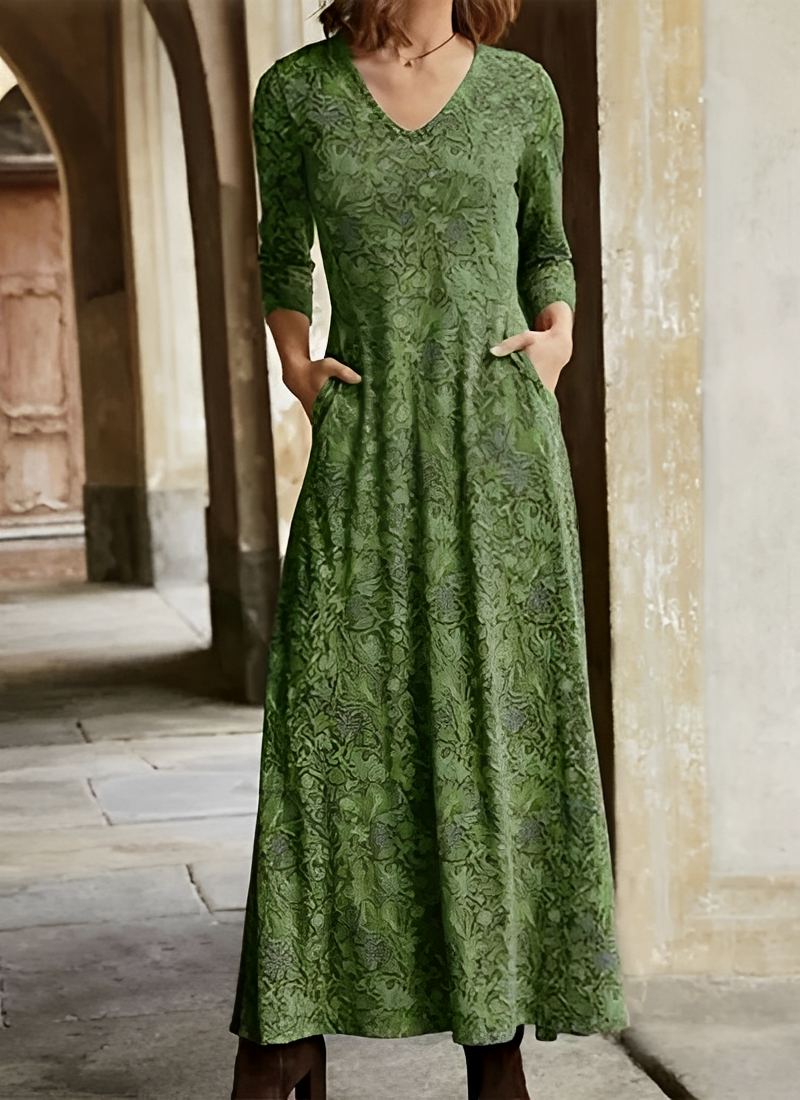 Women's elegant long dress in a vibrant retro floral pattern, a stylish maxi dress for fashion events.