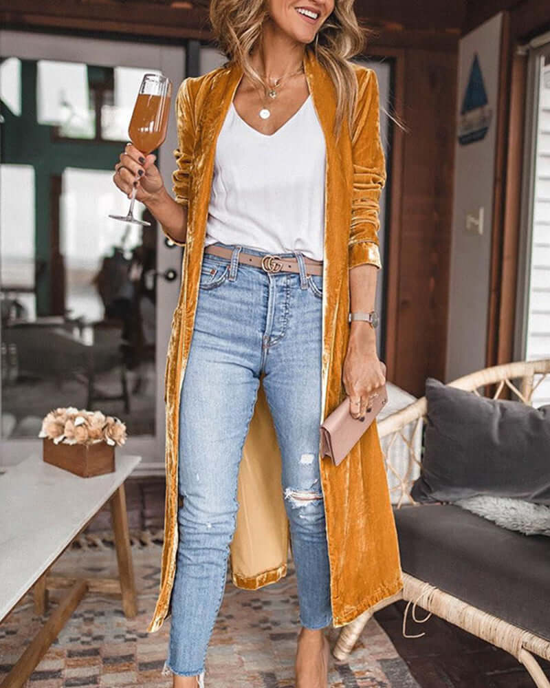 Elegant women's long duster cardigan, versatile open-front sweater for stylish layering.