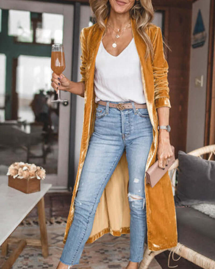 Stylish women's long duster cardigan, modelled for a relaxed fit & elegant open-front look.