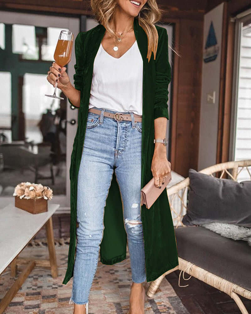 Relaxed fit women's long duster cardigan, perfect fall winter layering piece for casual elegance.