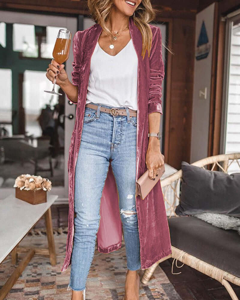 Stylish women's long duster cardigan, elegant outerwear perfect for fall and winter fashion.