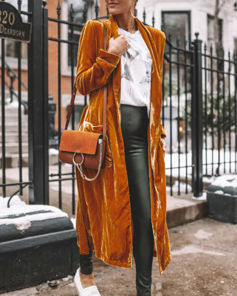 Full-length women's elegant long duster cardigan, flowing design, perfect for sophisticated layering.