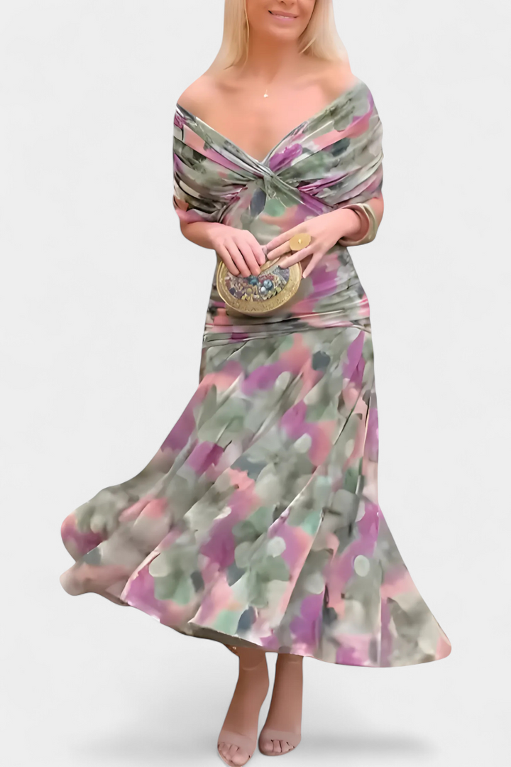 Elegant women's long floral V-neck maxi dress with a flowing skirt, perfect for a romantic look.